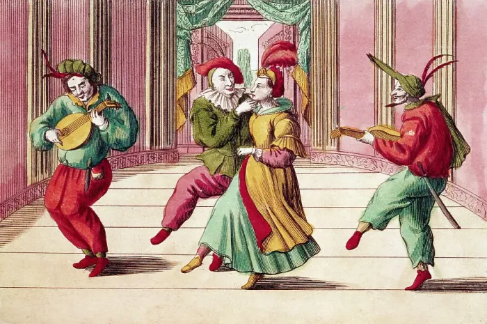 Framed Print : 18th-Century Engraving of Commedia dell'arte Actors on Stage Framed Print : 18th-Century Engraving of Commedia dell'arte Actors on Stage