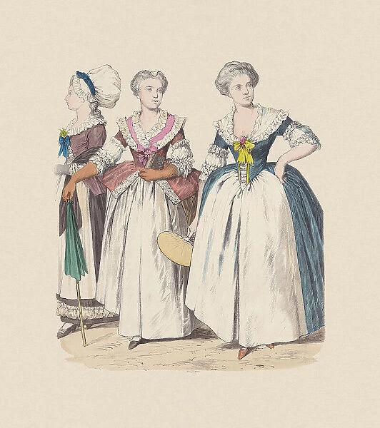 18th century, German bourgeois costumes, hand-colored wood engraving, published c. 1880