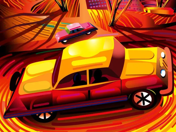 Framed Print : 1950s Cars in Orange cartoon Landscape Illustration