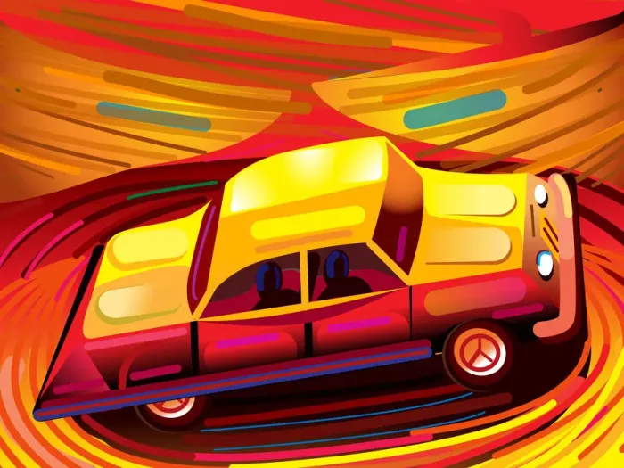 Framed Print : 1950s Low Rider style Car in Swirling Orange cartoon Landscape Illustration Framed Print : 1950s Low Rider style Car in Swirling Orange cartoon Landscape Illustration