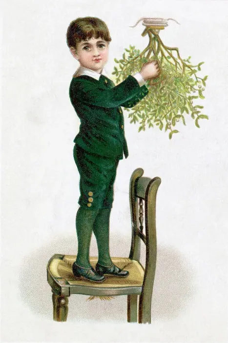 Framed Print : 19th-Century Illustration of a Boy On a Chair Hanging Mistletoe Framed Print : 19th-Century Illustration of a Boy On a Chair Hanging Mistletoe