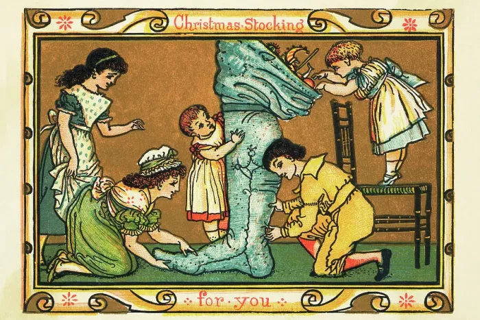 Framed Print : 19th-Century Illustration of Children with a Christmas Stocking Framed Print : 19th-Century Illustration of Children with a Christmas Stocking