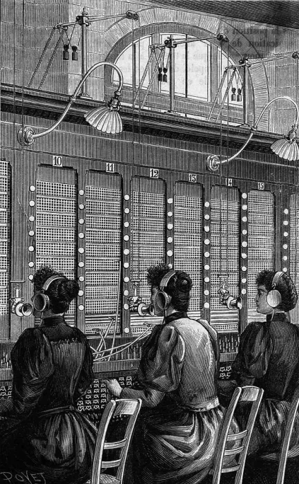 Framed Print : 19th-Century Illustration of Telephone Operators Framed Print : 19th-Century Illustration of Telephone Operators