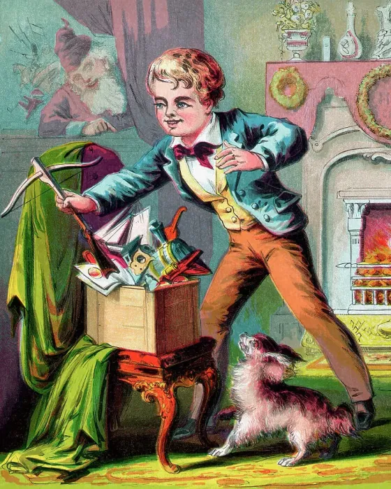 Framed Print : 19th Century Ilustration of a Young Boy with His Christmas Presents Framed Print : 19th Century Ilustration of a Young Boy with His Christmas Presents