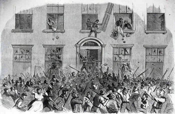 Framed Print : 19th-Century Print of Rioters Attacking Brownstones Framed Print : 19th-Century Print of Rioters Attacking Brownstones