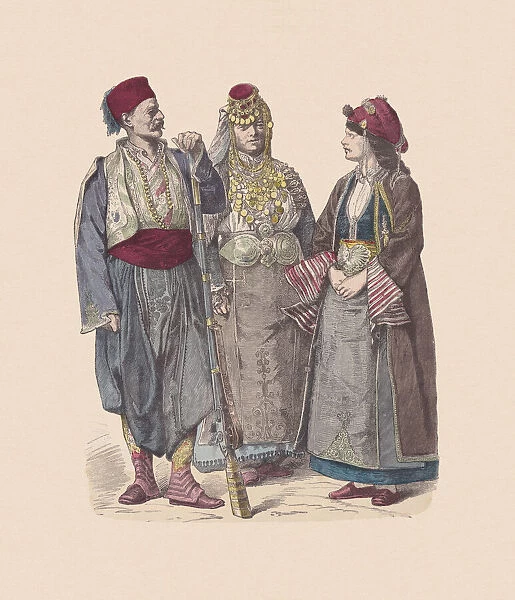 19th century, Turkish costumes, hand-colored wood engraving, published ca. 1880