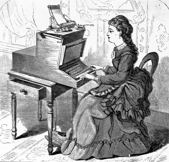 Framed Print : 19th-Century Woodcut of a Young Woman Typing Framed Print : 19th-Century Woodcut of a Young Woman Typing
