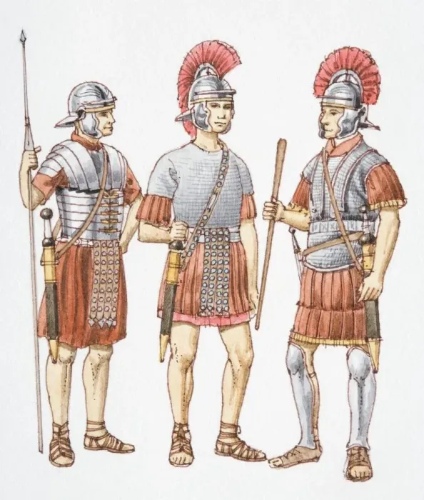 Framed Print : Three 200 AD Roman soldiers, front view