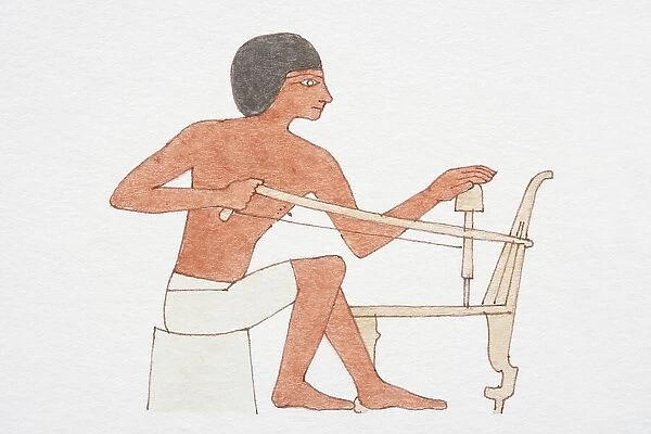 2500 BC Egyptian carpenter drilling into a chair by twisting a bow string around a shaft, side view
