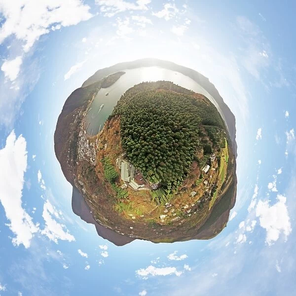 360 Aerial Little Planet of Lake Ashi, Japan