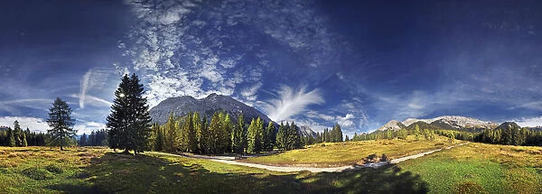 360 mountain panorama with cumulus clouds in the Wettersteingebirge range, Mt. Suedwand with view on the Mieminger Kette and Wettersteinmassiv mountains in Leutasch, Tyrol, Austria, Europe