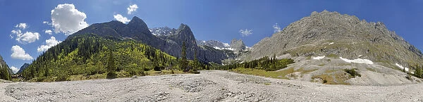 360 panorama of the Hollental valley, with Zugspitze and Zugspitze massif, Hammerbach, Garmisch-Partenkirchen District, Upper Bavaria, Bavaria, Germany
