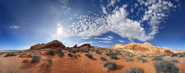 360 panorama of the red sandstone formations at Rainbow Vista sky with cloudy sky, Valley of Fire, Nevada, United States