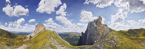360 panoramic view of the Aferer Geisler mountains, Villnoesstal valley, province of Bolzano-Bozen, Italy, Europe