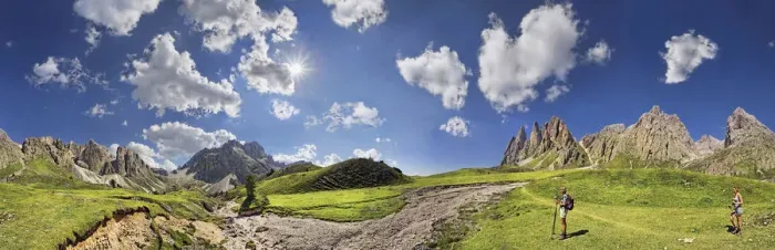 Framed Print : 360 panoramic view of the Geisler Mountains, two hikers walking near Mittagsscharte gorge, Puez-Geisler Nature Park, province of Bolzano-Bozen, Italy, Europe Framed Print : 360 panoramic view of the Geisler Mountains, two hikers walking near Mittagsscharte gorge, Puez-Geisler Nature Park, province of Bolzano-Bozen, Italy, Europe