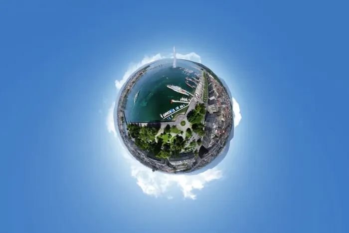 Framed Print : 360A Aerial Panorama of Jet d Eau Geneva Framed Print : 360A Aerial Panorama of Jet d Eau Geneva