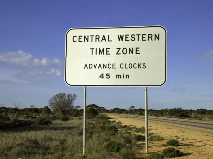 Framed Print : 45 minute time zone signs, Nullabor, Australia Framed Print : 45 minute time zone signs, Nullabor, Australia