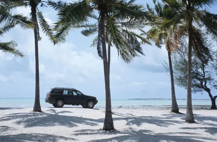Framed Print : 4x4 Vehicle Parked Under the Palm Trees on the Beach Framed Print : 4x4 Vehicle Parked Under the Palm Trees on the Beach
