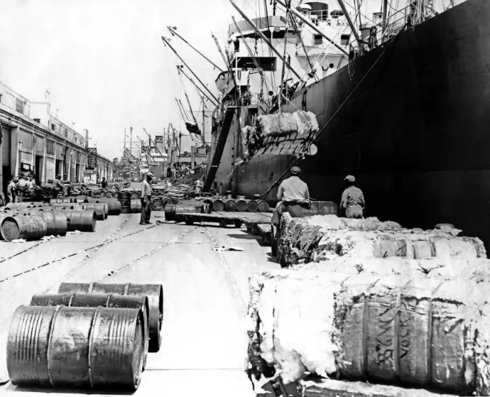 Framed Print : 521, adults, antique, barrels, black & white, boats, cargo, cotton, cotton bales