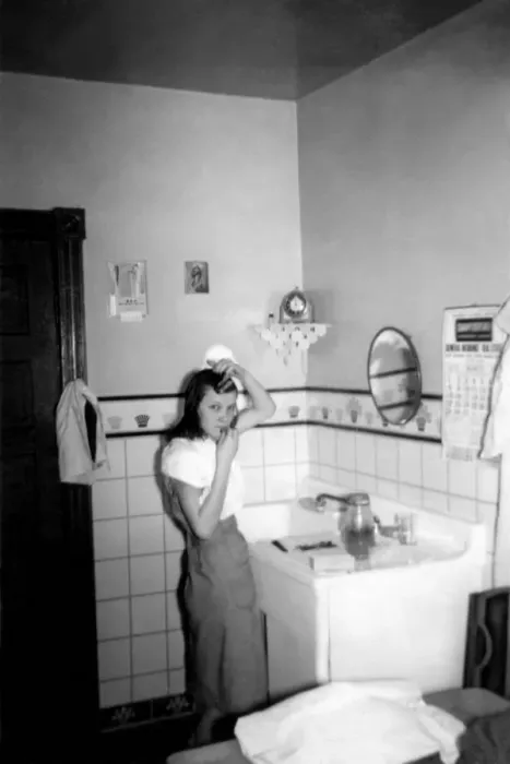 Framed Print : 522, adult, antique, bathroom, black & white, brunette, caucasian, eye contact, female Framed Print : 522, adult, antique, bathroom, black & white, brunette, caucasian, eye contact, female