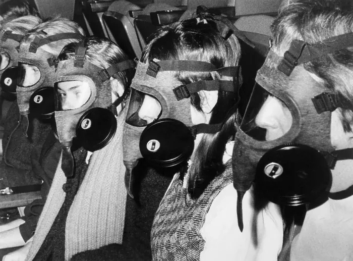 Framed Print : 6 Seated Women In Gas Masks Framed Print : 6 Seated Women In Gas Masks