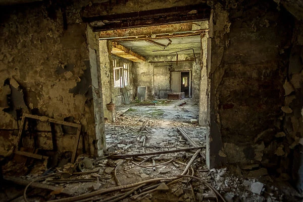 An abandoned building in the deserted city of Pripyat, near the Chernobyl nuclear power plant