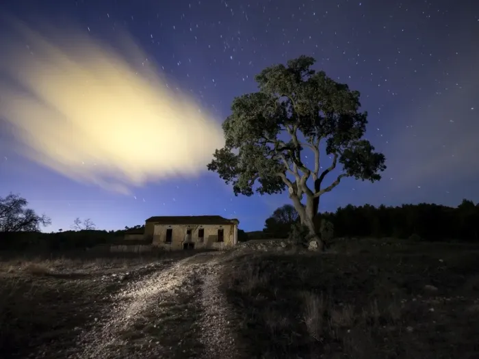 Framed Print : Abandoned dilapidated old farmhouse with a large tree beside it a night sky with stars Framed Print : Abandoned dilapidated old farmhouse with a large tree beside it a night sky with stars