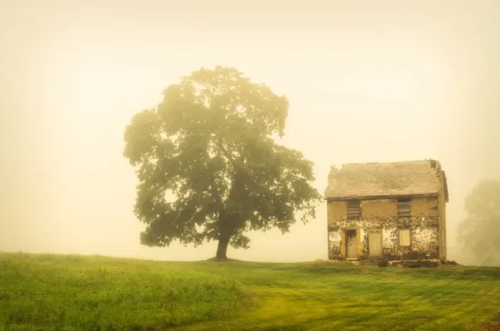 Framed Print : Abandoned House: Rural foggy landscape photograph of a rundown house in a meadow