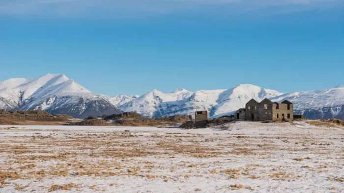 Framed Print : Abandoned house with the snowy mountain