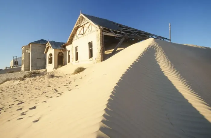 Framed Print : Abandoned Houses with Sand Dune in Foreground Framed Print : Abandoned Houses with Sand Dune in Foreground