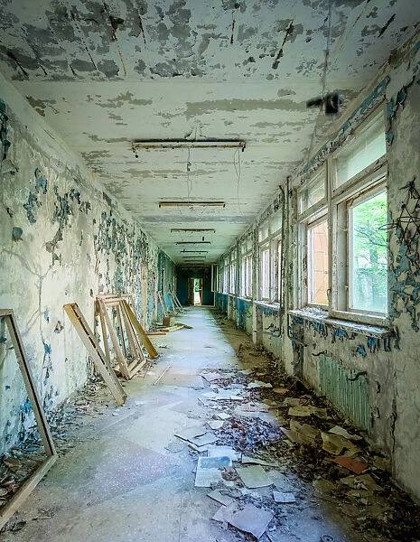 Abandoned school corridor in the Chernobyl Exclusion Zone, Pripyat, Ukraine