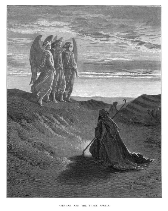 Framed Print : Abraham and the three angels engraving 1870 Framed Print : Abraham and the three angels engraving 1870