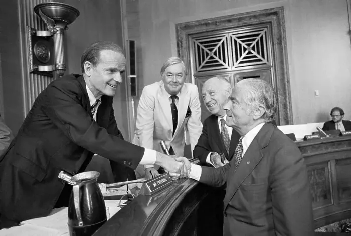 Framed Print : Abraham Beame Shaking Hands with William Proxmire at Senate Meeting Framed Print : Abraham Beame Shaking Hands with William Proxmire at Senate Meeting
