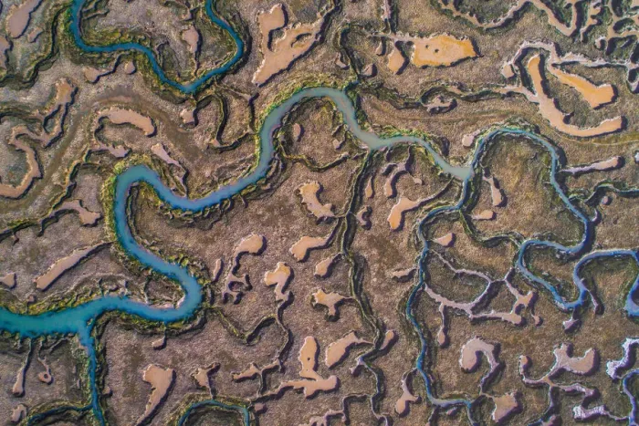 Framed Print : Abstract drone image of marshlands at low tide, England, United Kingdom Framed Print : Abstract drone image of marshlands at low tide, England, United Kingdom
