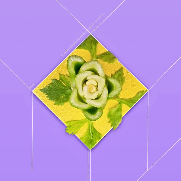 Abstract image of celery on a yellow and purple background