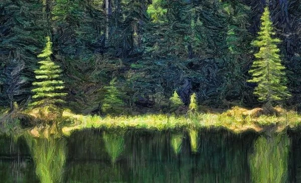 Abstract painterly style, reflection on water, Jasper National Park