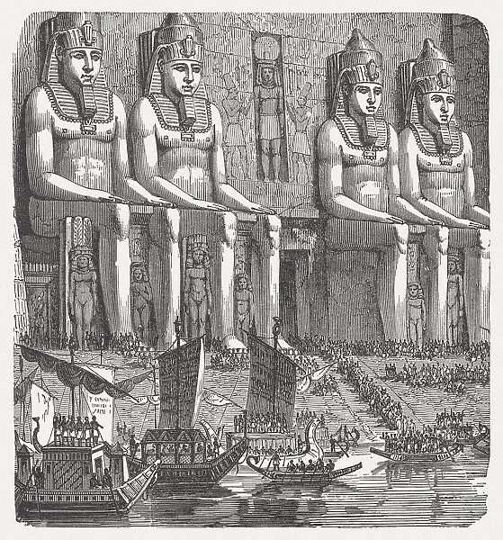 Abu Simbel, at the original location, wood engraving, published 1880