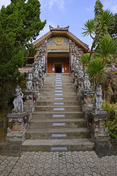 Access stairs, with preligious sayings on each step, of the Buddhist monastery Brahma Vihara, Banjar, North Bali, Bali, Indonesia