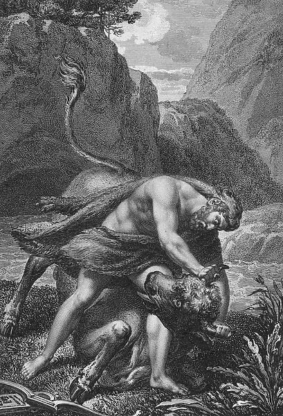 Achelous. Engraving depicting Hercules wrestling with Achelous