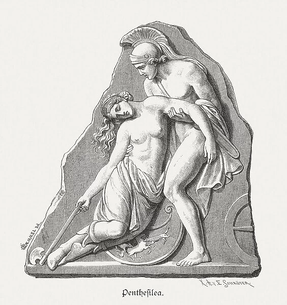 Achilles and Penthesilea, Greek mythology, ancient relief, published in 1879