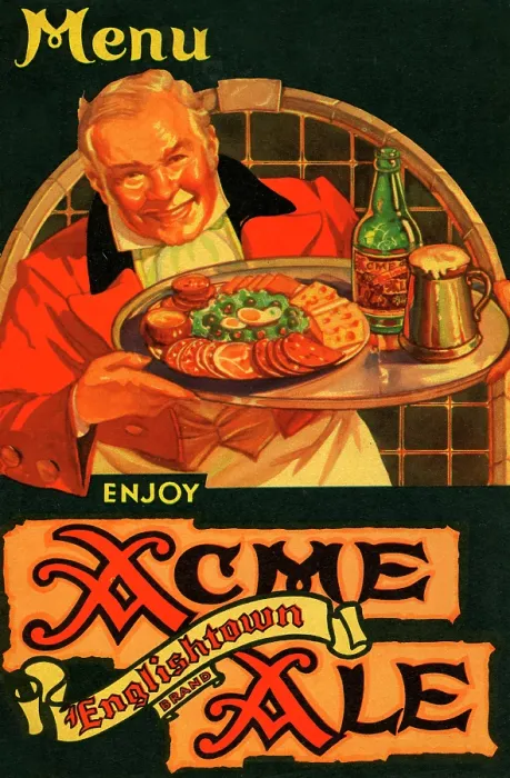 Framed Print : Acme Ale. USA - 1938: A menu for Acme Ale reads 'Enjoy Acme Ale Englishtown Brand'