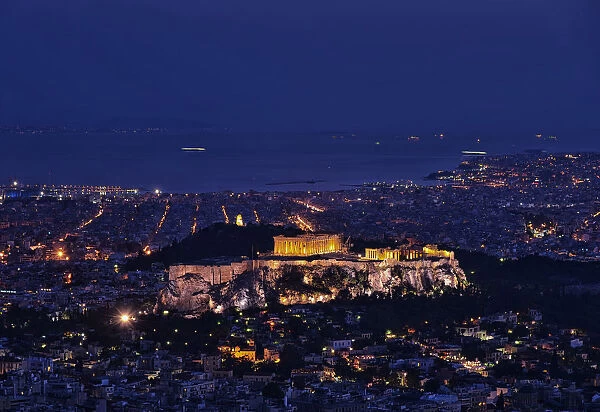 Acropolis. Hill of Acropolis in Athens, Greece at night