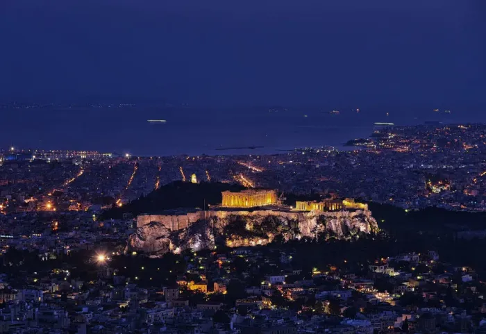 Framed Print : Acropolis. Hill of Acropolis in Athens, Greece at night