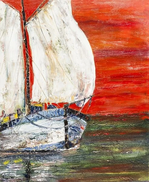 Acrylic oil painting of sailboat on ocean