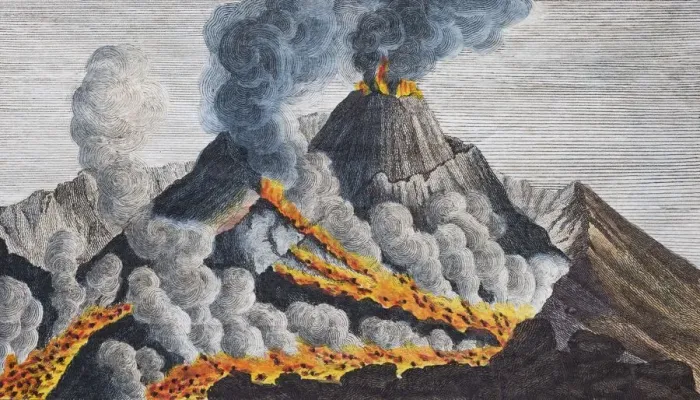 Framed Print : Active volcano Vesuvius, hand-coloured copperplate engraving from Friedrich Justin