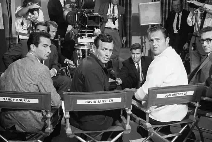 Framed Print : Actor David Janssen on Set with Dodger Pitchers Framed Print : Actor David Janssen on Set with Dodger Pitchers
