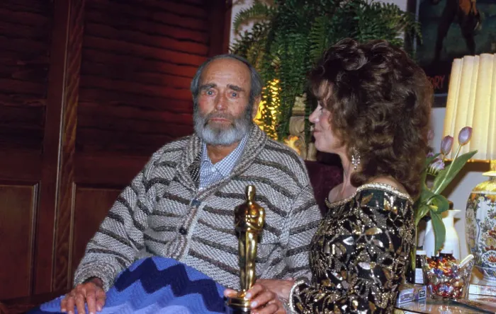 Framed Print : Actor Henry Fonda Holding Oscar Alongside His Daughter Jane