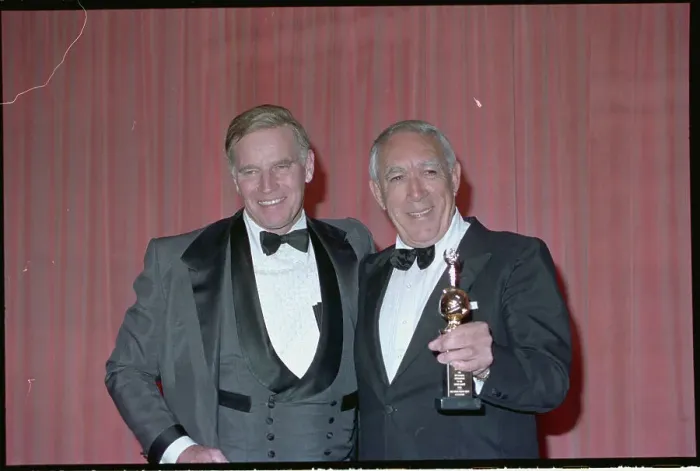 Framed Print : Actors Anthony Quinn and Charlton Heston at Golden Globe Awards Framed Print : Actors Anthony Quinn and Charlton Heston at Golden Globe Awards