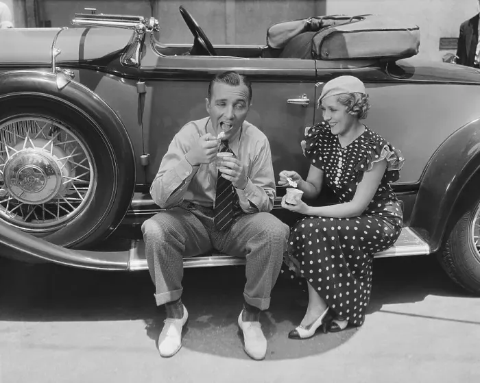 Framed Print : Actors Bing Crosby and Mary Pickford Sharing Snack on Automobile Framed Print : Actors Bing Crosby and Mary Pickford Sharing Snack on Automobile