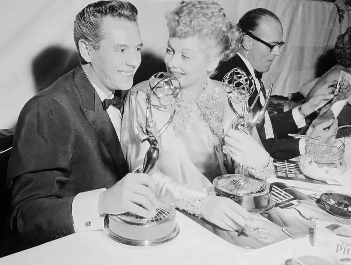 : Actors Lucille Ball and Desi Arnaz Posing With Their Trophies : Actors Lucille Ball and Desi Arnaz Posing With Their Trophies